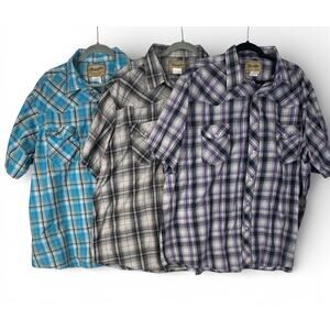 3 Wrangler Pearl Snap Shirt Mens 3XL Button Up Plaid Western Short Sleeve Purple